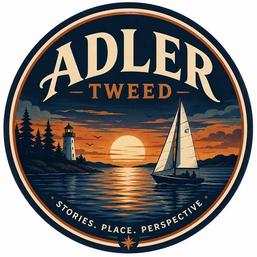 Adler Tweed circular author logo with a lighthouse, sailboat, sunset, and the words Stories, Place, Perspective