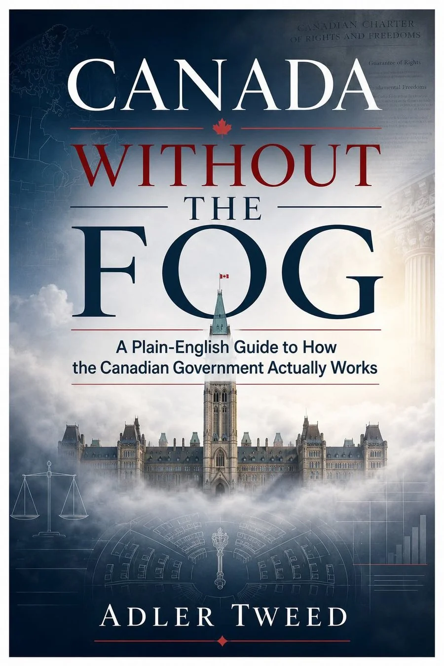 Book cover for Canada Without the Fog by Adler Tweed, featuring Parliament, Charter text, Canadian civic imagery, and large title typography